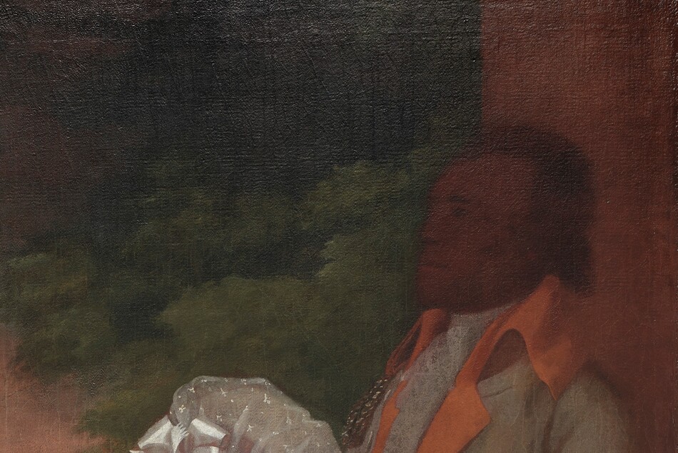 A light-skinned man, woman, boy, and girl, and a brown-skinned man sit and stand around a table spread with papers and a map in this horizontal portrait. The light-skinned man sits on a red upholstered chair at the table to our left, and his body faces our right in profile. His legs are crossed, and he rests his right elbow, closer to us, on the back of the chair. He has a sloping, rounded nose, dark eyes, jowls along his jawline, and his closed mouth juts forward. His left arm rests on an open pamphlet on the table next to a sword with a delicate silver hilt. To our left, the young boy stands also looks to our right in profile, next to the older man's chair. The boy wears a dusky rose-pink suit with a white lacy collar. With his right hand, he pulls back a dark green cloth covering a globe on a wooden stand along the left edge of the canvas. The woman sits at the right side of the table, across from the man. She has dark eyes, full cheeks, a double chin, and her pale lips are closed. She wears a voluminous ivory satin gown and petticoat with a black lace shawl, and an ivory cap with a satin bow covers her gray hair. She points to a spot on a map on the table with a closed fan held in her right hand. The young girl, wearing a gauzy white dress with a pine-green sash at the waist, stands on the far side of the table near the woman, holding the curling edges of the map. Behind the women, the brown-skinned man wears a rust-orange and gray uniform, and stands with one hand tucked into his vest in the shadows at the edge of the composition. His features are indistinct but he faces our left in profile. The room has a gold-and-yellow checkerboard floor, and a red cloth drapes from columns frame the scene to each side. It is unclear whether a river view at the back of the room is seen through an open window or door, or if it is a large painting behind the people.