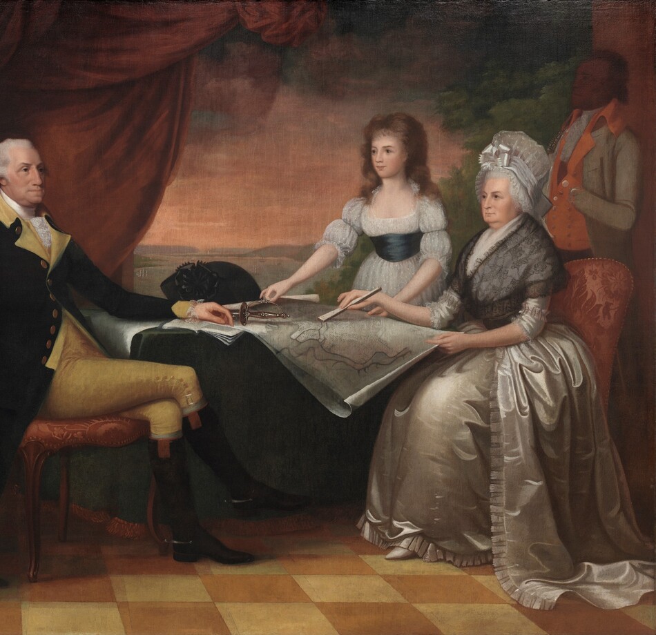 A light-skinned man, woman, boy, and girl, and a brown-skinned man sit and stand around a table spread with papers and a map in this horizontal portrait. The light-skinned man sits on a red upholstered chair at the table to our left, and his body faces our right in profile. His legs are crossed, and he rests his right elbow, closer to us, on the back of the chair. He has a sloping, rounded nose, dark eyes, jowls along his jawline, and his closed mouth juts forward. His left arm rests on an open pamphlet on the table next to a sword with a delicate silver hilt. To our left, the young boy stands also looks to our right in profile, next to the older man's chair. The boy wears a dusky rose-pink suit with a white lacy collar. With his right hand, he pulls back a dark green cloth covering a globe on a wooden stand along the left edge of the canvas. The woman sits at the right side of the table, across from the man. She has dark eyes, full cheeks, a double chin, and her pale lips are closed. She wears a voluminous ivory satin gown and petticoat with a black lace shawl, and an ivory cap with a satin bow covers her gray hair. She points to a spot on a map on the table with a closed fan held in her right hand. The young girl, wearing a gauzy white dress with a pine-green sash at the waist, stands on the far side of the table near the woman, holding the curling edges of the map. Behind the women, the brown-skinned man wears a rust-orange and gray uniform, and stands with one hand tucked into his vest in the shadows at the edge of the composition. His features are indistinct but he faces our left in profile. The room has a gold-and-yellow checkerboard floor, and a red cloth drapes from columns frame the scene to each side. It is unclear whether a river view at the back of the room is seen through an open window or door, or if it is a large painting behind the people.