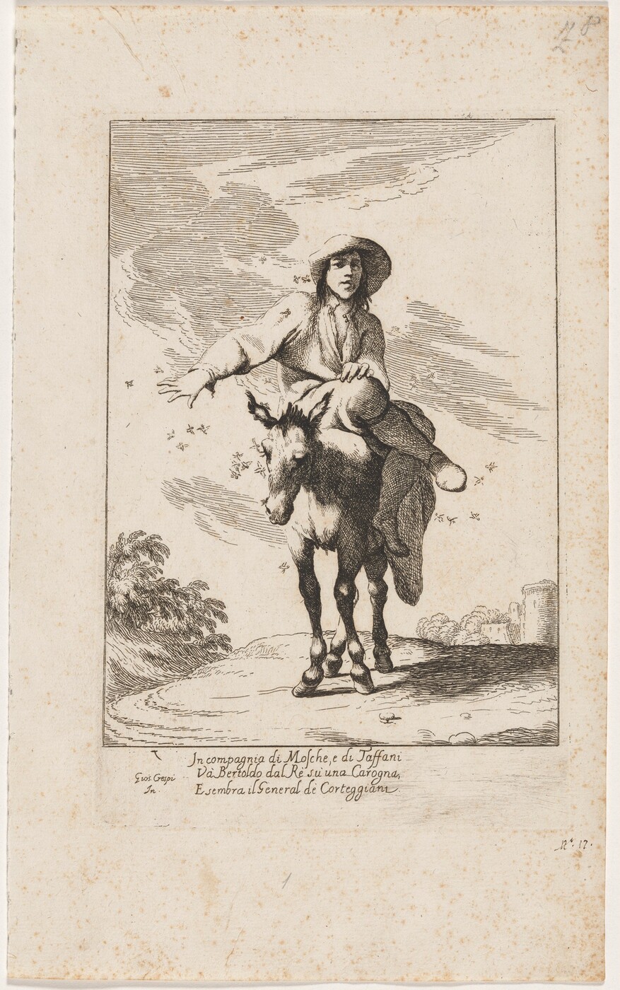The image shows a person sitting atop a donkey, with a natural setting in the background. The individual appears serene, wearing simple clothes and a large hat. The background includes a tree, clouds, and a distant building.