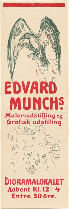 This is a poster of an exhibition. The poster features an illustration of a large bird at the top. Beneath the bird, red text reads "EDVARD MUNCH." Additional red text announces the details of the exhibition including type, location, entry fee, and open hours. Lower on the poster are abstract sketches of a village or town setting with various structures. The overall style of the artwork and text suggests a modernist or expressionist influence.
