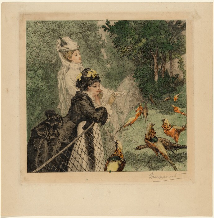 Two women are shown standing behind a slightly inclined fence, facing a group of colorful birds. The woman in the foreground has dark hair and a hat with a yellow decoration, wearing a dark dress with puffy sleeves and gloves. She has her chin resting on her hands. The second woman, behind her, wears a white hat with a veil and lighter-colored clothing. The background has lush foliage and larger trees on the right. Several vividly colored birds are in the foreground.