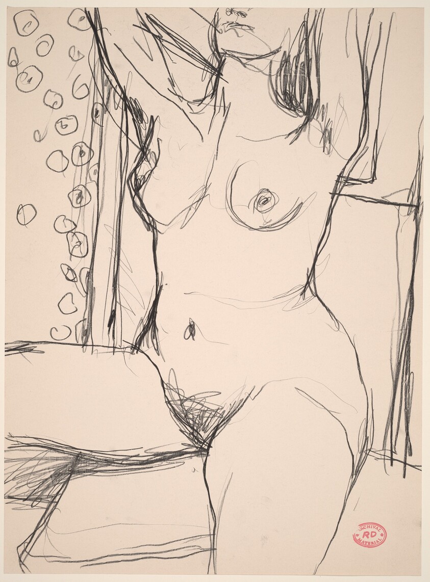 Untitled [nose-to-knee view of a seated nude with her arms raised]