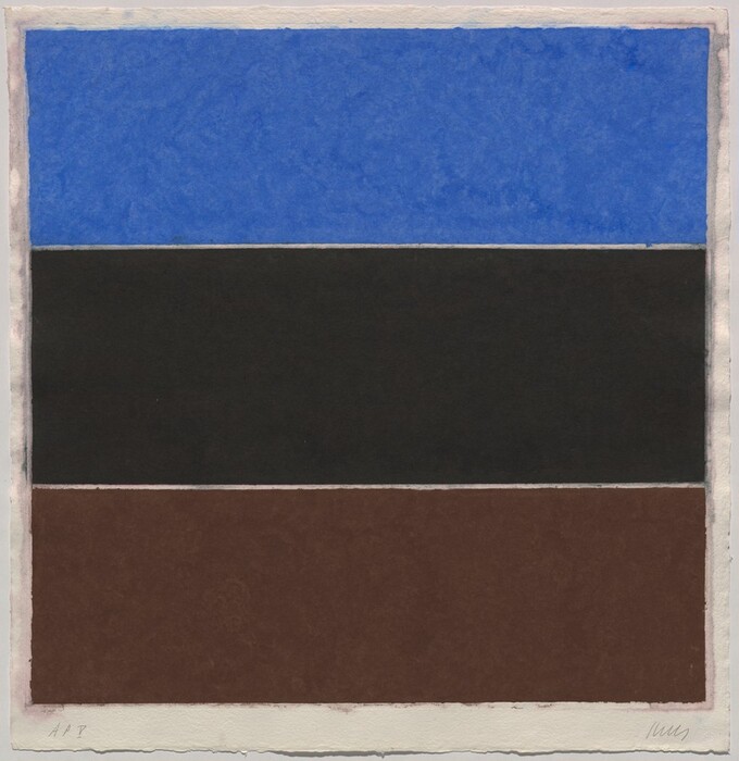 The image contains three horizontal rectangles stacked vertically in a simple arrangement. The top rectangle is blue, the middle is black, and the bottom one is brown.