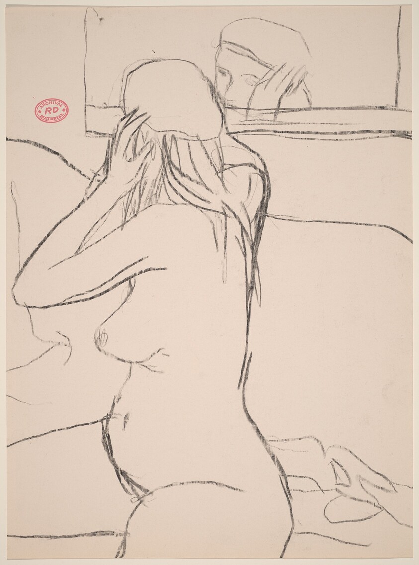 Untitled [female nude adjusting her cap in a mirror]