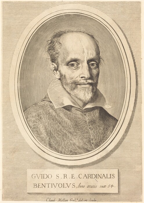 This portrait depicts a bust view of a man, showing his head and shoulders. He is positioned facing slightly to the viewer's right, with the right side of his face more prominently displayed. The man has a high forehead and thinning hair, with a neatly trimmed mustache and beard. His eyebrows are well-defined, and he gazes directly at the viewer with a calm expression. He is wearing a collared garment, possibly a robe or cloak, with a textured fabric. The garment is fastened with buttons down the center. The background features engraved lines creating an oval frame around the figure. There is no visible jewelry or objects held by the subject. At the bottom of the image is text identifying the individual as "Gvido S. R. E. Cardinalis Bentivolus," along with mention of his age being fifty-four, and the artist’s signature below.