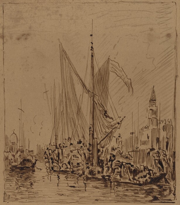 The image portrays a harbor scene with a tall ship in the center, seen from a slightly upward angle. The mast of the ship dominates the composition, stretching towards the sky filled with clouds. The horizon is low, with outlines of ships and architectural structures, including a domed building and a tower on the right, suggesting a distant cityscape. The artwork features loose, expressive brushstrokes that convey motion and spontaneity. The color scheme is monochromatic with sepia tones, giving the scene an antiquated quality. The water reflects the ship and surroundings with impressionistic lines, adding to the dynamic harbor setting.
