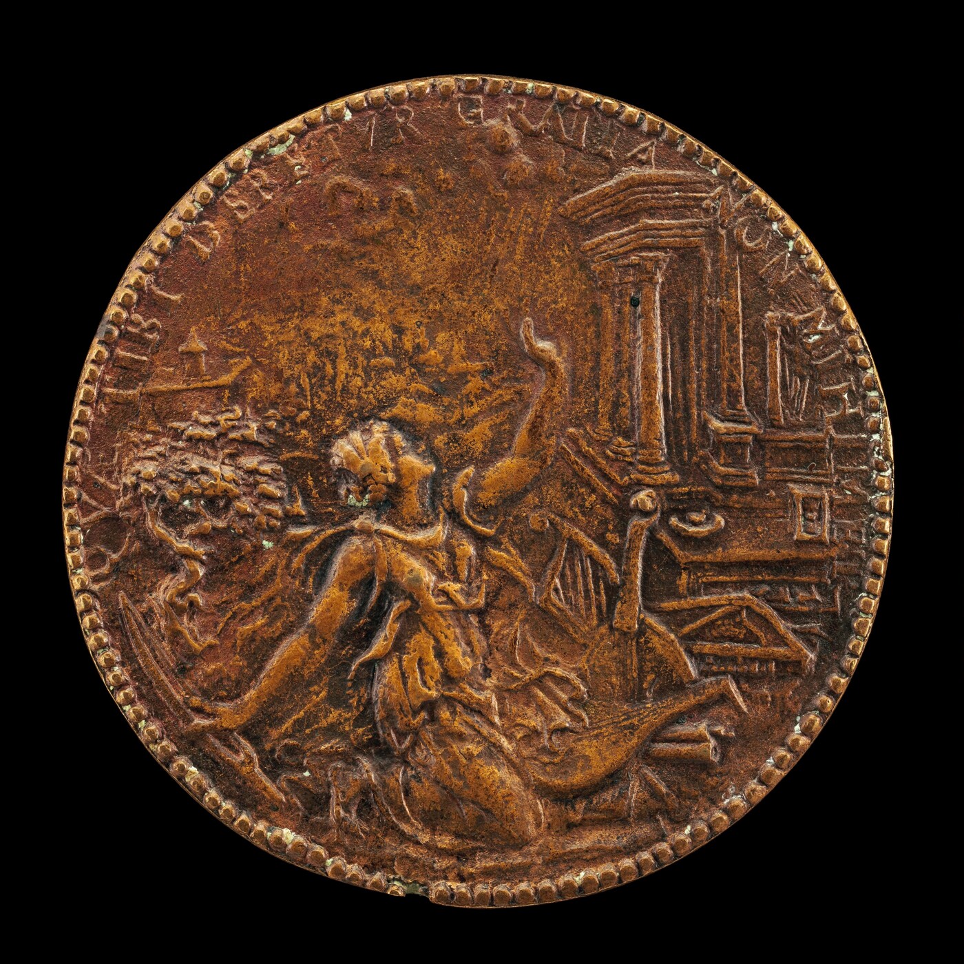 The sculpture on the coin features a relief of a human figure in a reclining or fallen pose, with one arm reaching upwards. The background of the relief includes an architectural structure with columns on the right and foliage or possibly a tree on the left. The material of the sculpture appears to be metal, with the color being a weathered bronze or copper, exhibiting an aged patina. The sculpture, being part of a coin, is of a small, circular shape and is designed to be viewed up close, revealing intricate details despite its size. The border of the coin is beaded, and there is an engraving around the edge.