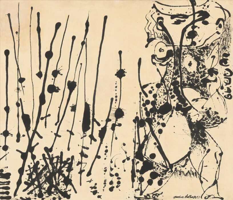 This work is created entirely with dripped and splattered black paint against a bone-colored background in this abstract horizontal painting. The left half is a collection of mostly vertical lines above a nest-like patch of crossing lines near the bottom. Many of the vertical lines are spaced apart so only a few overlap, and the lines are marked with splotches that resemble ink blots. To our right, more densely spaced spatters and lightly curving lines combine to create an abstracted face and body of a person. The artist signed and dated the work in black paint in the lower right corner: “Jackson Pollock 51.”