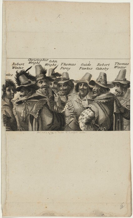The image depicts an engraved group portrait of several men from the waist up. The men have distinct facial features, wear hats with feathers or trim, and have long or curly hair. They are dressed in elaborate clothing with ruffled collars and embroidered patterns typical of the time period. Some men appear to be holding scrolls or papers. The background is empty, and the names of the individuals - Robert Winter, Christopher Wright, John Wright, Thomas Percy, Guido Fawkes, Robert Catesby, and Thomas Winter - are written above their heads. The engraving includes a publication note at the bottom stating "Publ. Octr 1. 1794 by Herbert & Crabbold London."