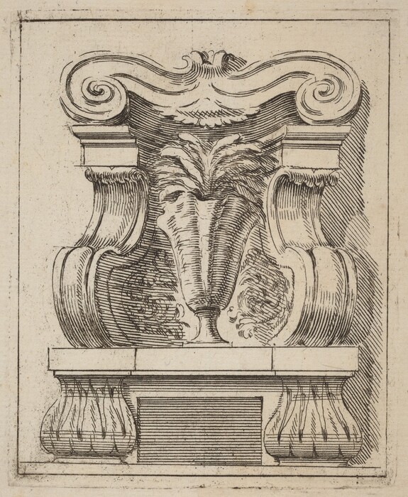 This is a drawing of an architectural ornament. The image includes a detailed depiction of a decorative architectural element showcasing intricate scrollwork and leaf patterns. The central figure resembles an ornate volute, accompanied by symmetrical curving lines and foliage motifs. The drawing demonstrates a high level of craftsmanship and attention to decorative detail, typical of classical architectural drawings.
