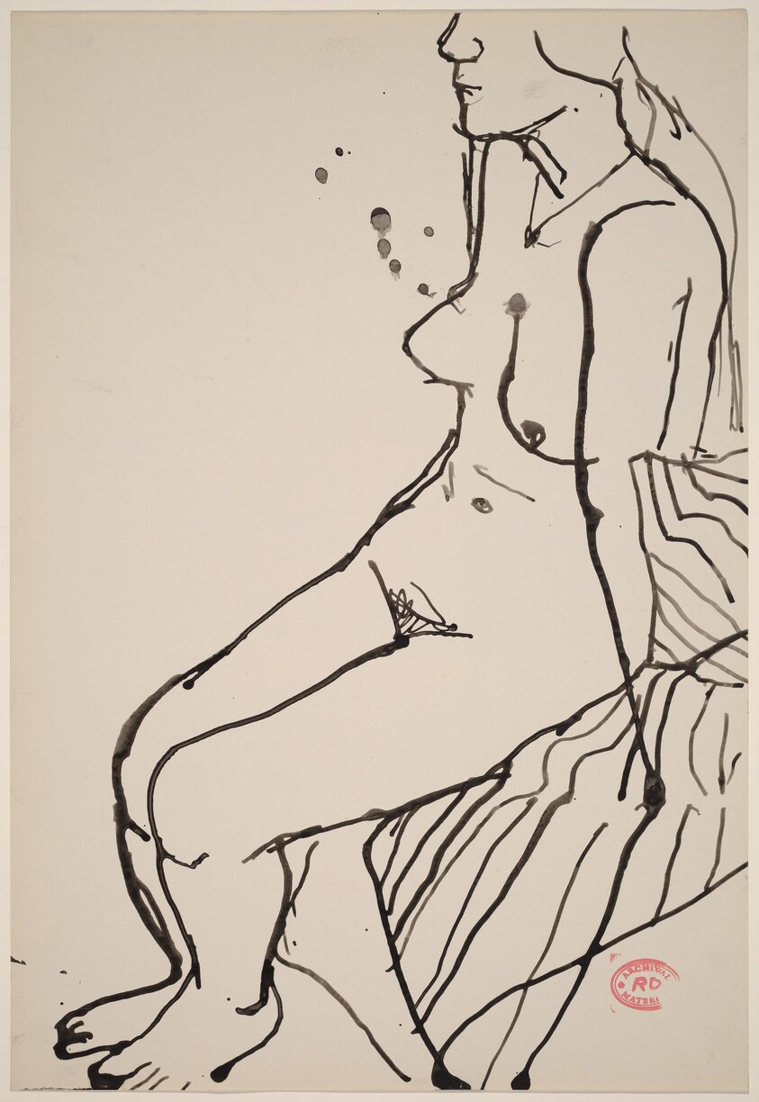 Untitled [female nude seated on striped fabric]