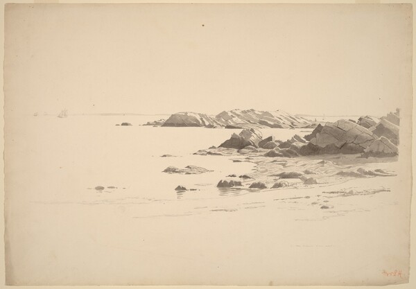 Rocklined Beach with Distant Boats