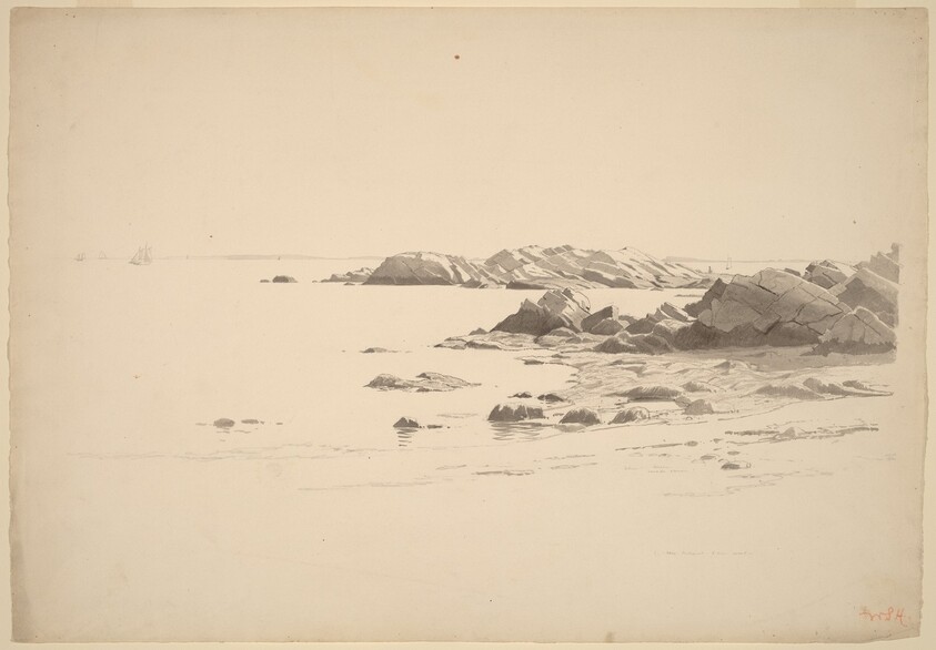 Rocklined Beach with Distant Boats