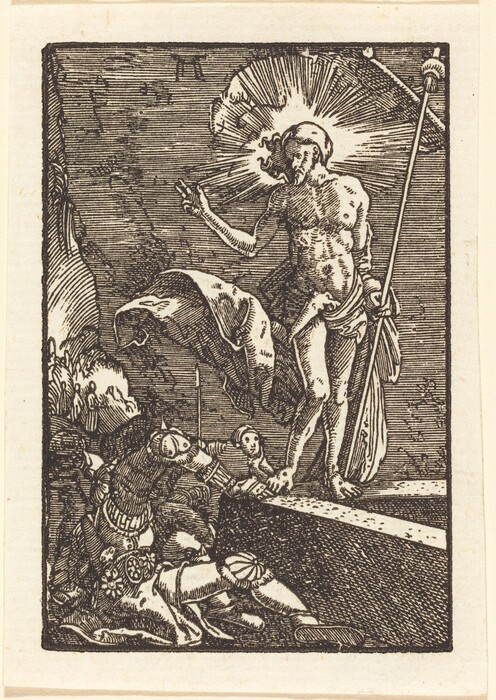 It is a drawing of a central figure standing on a stone slab, holding a staff or banner in its left hand. Surrounding the slab are armored figures in various poses. The composition uses strong lines and hatching for texture.