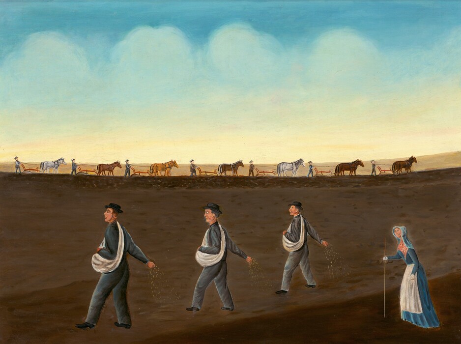 The image shows an open field being farmed. The horizon is visible, with farmers using horses to pull plows. Men are seen walking with satchels, spreading seeds, while a woman holds a measuring stick. More farmers with plows are visible in the distance, creating depth. The color palette consists of earthy browns, blues, and subtle warm tones.