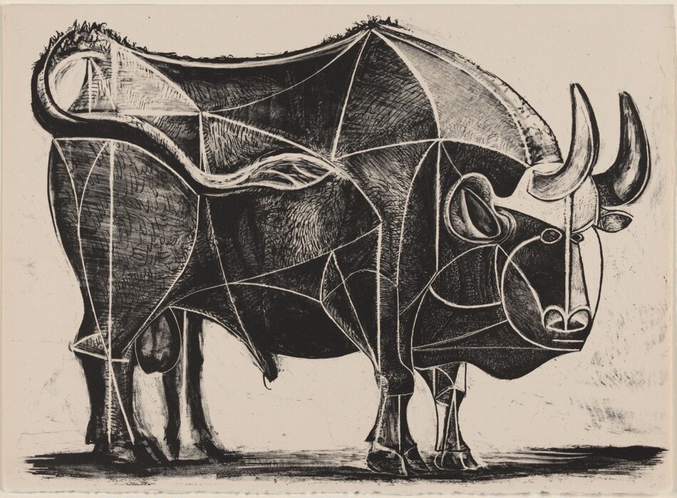 This print shows a composition of bold, intersecting lines and geometric shapes forming an abstract representation of a bull. The bull is turned to the right, with two curved horns rising from its head and a long, curving tail. Some of its features are stylized, such as one ear that is much larger than the other, small eyes that are too close together, and a small, flat mouth below a large snout. Its body and head are made up of many geometric sections in shades of white, black, and gray, all separated by curving white lines. The bull casts a dark shadow beneath it, and the background is beige paper.