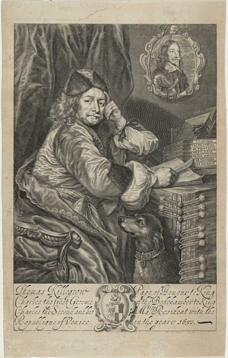 The image depicts a man seated, visible from the waist up. He has curly hair reaching his shoulders, a full beard, sharp facial features, and a calm expression. He wears a richly decorated garment, a cap, and is surrounded by objects, a stack of books, and a small dog. The image is framed with ornate decoration and script denoting his titles. In the background, there is a curtain.