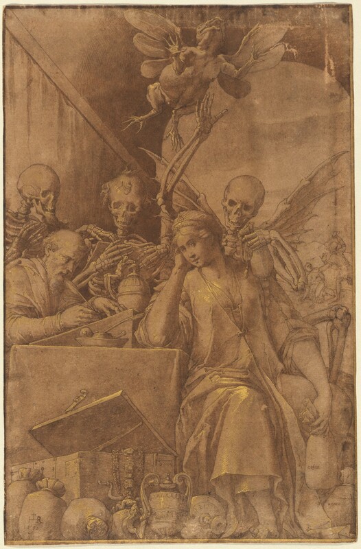 Drawn with pen and brown ink on pale brown paper, a man and woman are surrounded by three skeletons in this vertical composition. The woman sits facing and looking out at us on the right half of the drawing. She sits next to a cloth-covered table, which spans the left half of the composition. The woman rests one elbow on the table in her head in that hand and holds a sack down between her knees with the other. She wears long, voluminous robes over a low-cut bodice. Vessels, jewels, a chest, and other sacks line the floor around her bare feet. A balding, bearded man sits on the far side of the table from her. He is along the left edge of the drawing and faces our right in profile. He writes with a quill on an angled writing desk with an ink well closer to us and an ornate jar on the far side. The leftmost of the three skeletons behind them has a goatee and faces our right in profile, both hands raised. The middle skeleton, between the man and woman, has curly hair and holds a tablet with both bony hands. The third skeleton, to the right, has bat-like wings and holds a sack up in one hand and lifts the other hand high. That raised hand nearly brushes a flying creature with a torso like a plucked turkey, frog legs, a lizard-like, gaping mouth, and three-lobed dragonfly wings. The scene takes place under a deep arch. Through the opening to the right, a person wearing armor raises a sword over another person who crouches and holds up one hand in protection. Touches of gold create delicate highlights on the skeleton’s bones, the people’s features and bodies, and the luxurious objects spread across the picture. The drawing is signed with a monogram with the letters “ILHR” and the date 1590 in the lower left corner. The bag the woman holds is inscribed “cehim” and another at her feet is inscribed “ongavi.”
