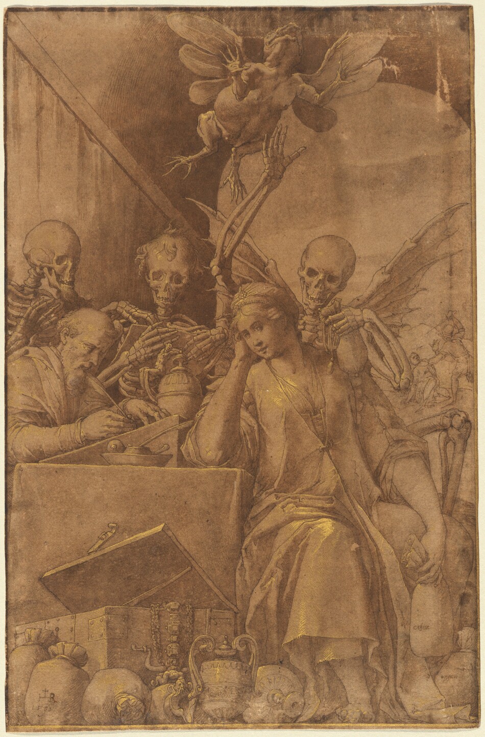 Drawn with pen and brown ink on pale brown paper, a man and woman are surrounded by three skeletons in this vertical composition. The woman sits facing and looking out at us on the right half of the drawing. She sits next to a cloth-covered table, which spans the left half of the composition. The woman rests one elbow on the table in her head in that hand and holds a sack down between her knees with the other. She wears long, voluminous robes over a low-cut bodice. Vessels, jewels, a chest, and other sacks line the floor around her bare feet. A balding, bearded man sits on the far side of the table from her. He is along the left edge of the drawing and faces our right in profile. He writes with a quill on an angled writing desk with an ink well closer to us and an ornate jar on the far side. The leftmost of the three skeletons behind them has a goatee and faces our right in profile, both hands raised. The middle skeleton, between the man and woman, has curly hair and holds a tablet with both bony hands. The third skeleton, to the right, has bat-like wings and holds a sack up in one hand and lifts the other hand high. That raised hand nearly brushes a flying creature with a torso like a plucked turkey, frog legs, a lizard-like, gaping mouth, and three-lobed dragonfly wings. The scene takes place under a deep arch. Through the opening to the right, a person wearing armor raises a sword over another person who crouches and holds up one hand in protection. Touches of gold create delicate highlights on the skeleton’s bones, the people’s features and bodies, and the luxurious objects spread across the picture. The drawing is signed with a monogram with the letters “ILHR” and the date 1590 in the lower left corner. The bag the woman holds is inscribed “cehim” and another at her feet is inscribed “ongavi.”