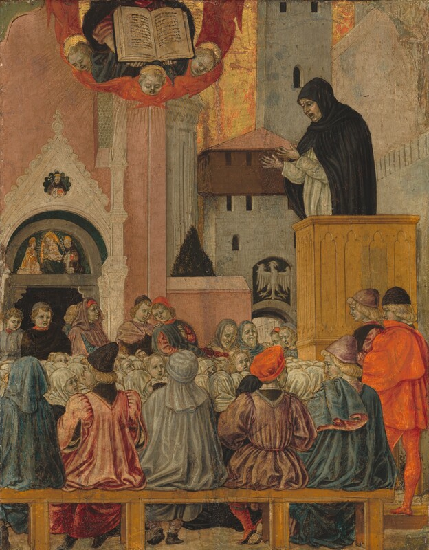 A person wearing a black hood and cloak over a white long-sleeved garment stands in a wooden box, a pulpit, and speaks to a crowd gathered below in this vertical painting. The people all have pale skin tinged with green and pink cheeks. The preacher stands along the right side of the painting, his mouth open and both hands held up. He faces our left almost in profile, and his forehead, eyes, and mouth are deeply lined. Seventeen men and women sit or stand across the front of the crowd or at the far side of it. They wear garments in rose pink, fog gray, sapphire blue, vivid red, or black. Five of them sit along a wooden rail or bench closest to us with their backs facing out. Between this and the standing people on the far side of the crowd are dozens of heads, mostly covered with white cloths though a few have blond hair. Buildings in gray, pale pink, or white stone fill the background except for a few patches of sky, which are shiny gold. The torso of a person holding an open book floats high above the crowd, cut off by the top edge of the painting. The person wears a dark blue robe over a pink garment and is surrounded by a ring made of the red wings of winged, blond baby heads with gold halos. Gold rays radiate out from the ring.