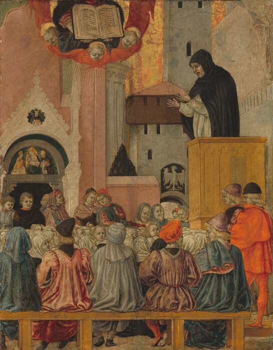 A person wearing a black hood and cloak over a white long-sleeved garment stands in a wooden box, a pulpit, and speaks to a crowd gathered below in this vertical painting. The people all have pale skin tinged with green and pink cheeks. The preacher stands along the right side of the painting, his mouth open and both hands held up. He faces our left almost in profile, and his forehead, eyes, and mouth are deeply lined. Seventeen men and women sit or stand across the front of the crowd or at the far side of it. They wear garments in rose pink, fog gray, sapphire blue, vivid red, or black. Five of them sit along a wooden rail or bench closest to us with their backs facing out. Between this and the standing people on the far side of the crowd are dozens of heads, mostly covered with white cloths though a few have blond hair. Buildings in gray, pale pink, or white stone fill the background except for a few patches of sky, which are shiny gold. The torso of a person holding an open book floats high above the crowd, cut off by the top edge of the painting. The person wears a dark blue robe over a pink garment and is surrounded by a ring made of the red wings of winged, blond baby heads with gold halos. Gold rays radiate out from the ring.
