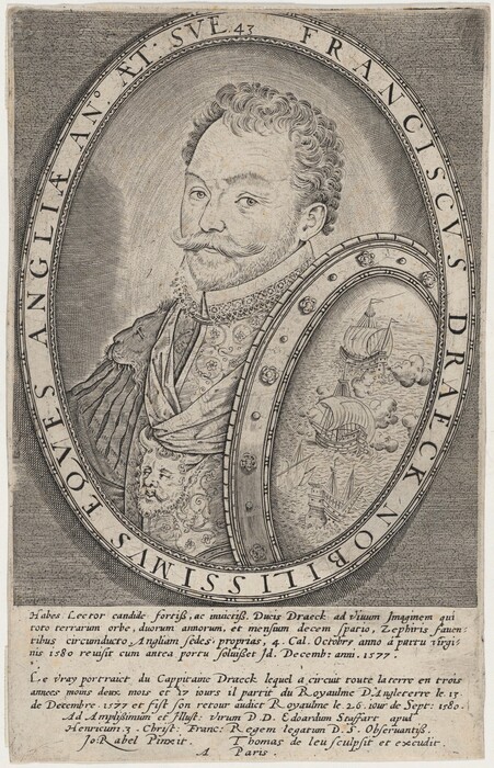 The image shows a man in an ornate outfit with curled mustache and short curly hair, standing in a frontal position with a slight turn to his left. He is surrounded by an oval frame with ships in the background and inscriptions. Text blocks below the portrait are written in Latin and French.