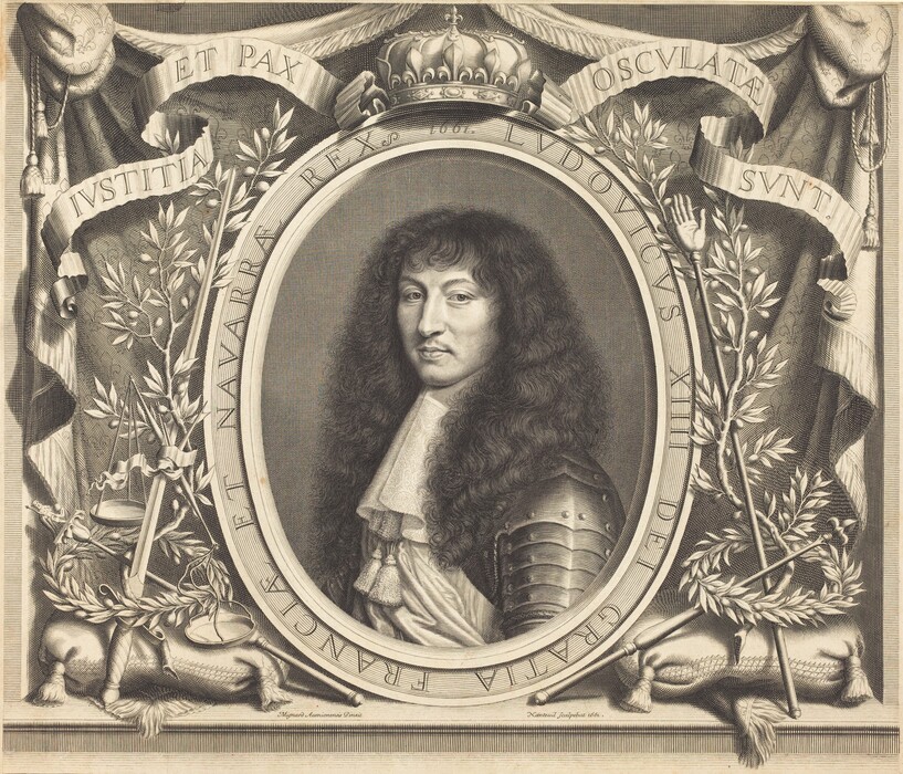 The image is an engraving featuring a detailed bust portrait of a man in an oval frame. The man is facing slightly right, showing his upper torso with features like a prominent nose, full lips, and stoic eyes. He has long, curly, dark hair falling past his shoulders and is dressed in formal attire with a high-collared shirt, cravat, and shoulder armor. The background includes ornamental elements like olive branches, scales, draped fabric, and Latin inscriptions on banners. A decorative crown is depicted above the oval frame, enhancing his regal appearance. The overall composition emphasizes grandeur and formality through intricate engravings in a monochromatic color scheme.