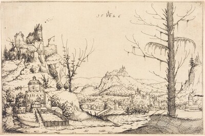Landscape with High Cliffs, River, and City