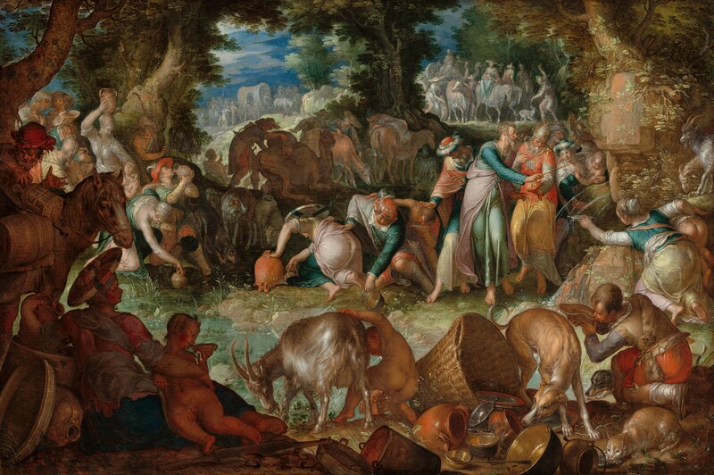 A group of light-skinned people and animals gather in an oval ring around a shallow pool in a wooded landscape in this horizontal painting. Deep in shadow but closest to us, animals, objects, and people create a continuous band in the foreground. From left to right is a horse, a reclining woman and small child, a goat tended by a nude child, a dog sniffing at a pile of crockery, baskets, and metal pans and dishes, a cat lapping from a shallow pewter dish, and a young man drinking from a dish or large shell in the lower right corner. Beyond this and to our right, an older man with gray hair and beard and wearing turquoise, pink, and blue robes taps an outcropping of rocks with a thin rod. Water gushes in thin streams from the outcropping into the pool below. The bearded man is surrounded by several standing men and women. Men, women, and children bend over the edge of the pool around its perimeter, filling or drinking from jugs, dishes, and pans. Most of the men wear long robes and some wear turbans, and the women wear long dresses or robes in teal, aquamarine, shell pink, pale yellow, and ivory. Trees enclose this group to the left and at the center of the painting. Another band of dozens of people, animals, and wagons line the horizon in the distance. They are painted in pale gray, blue, pink, and white. The horizon line comes three-quarters of the way up the composition and glimpses of vibrant blue sky and white clouds are seen through breaks in the trees. Light glints off of clothing, smooth skin, the fur of the animals, and especially the metalware in the foreground to give the painting a glimmering, almost glossy look.