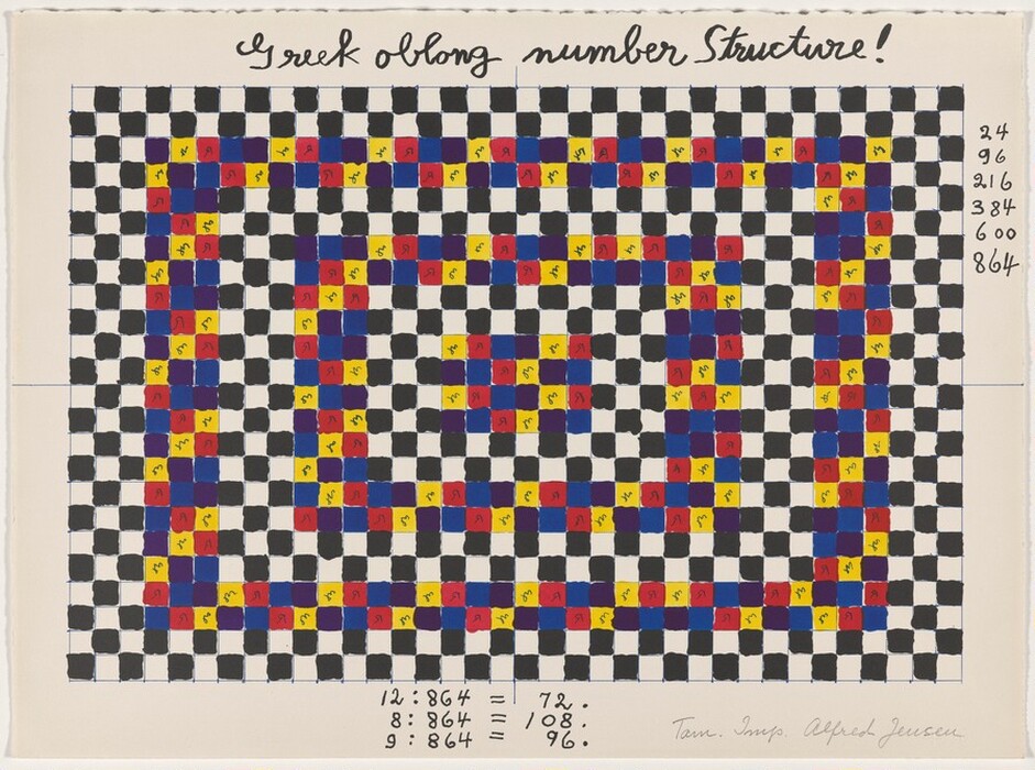 The image displays a grid pattern composed of small squares forming a layout of lines and shapes in alternating black and white checks interspersed with red, blue, and yellow squares. It includes bold concentric rectangles and numbers alongside the grid.