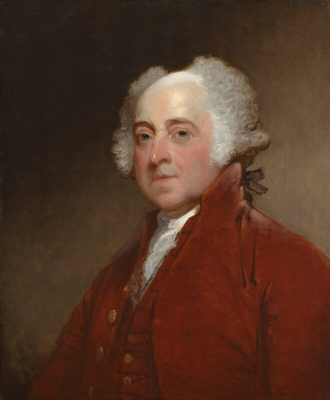 Shown from the chest up, a balding, light-skinned man wears a port-red vest and coat in this vertical portrait painting. The man’s shoulders are angled to our right, but he turns his head to look at us from the corners of gray eyes under heavy, brown brows. His under-eyes are shaded blue and lined with wrinkles. He has a bumped nose, bow-shaped lips, a round chin, fleshy, flushed cheeks, and sagging jowls. His white hair sweeps up and to either side of a bald patch, painted with a white sheen, on the top of his head. Curls come down over each ear and longer hair in the back is tied with a black ribbon. He wears a white ruffled cravat under the deep red vest and coat, both of which have gold-colored buttons down the front. The background lightens from earth brown in the upper left corner to paler, peanut brown in the lower right.