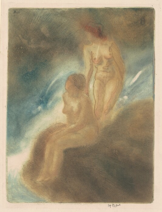 The image features two nude figures in an impressionistic style. Both bodies are depicted in their entirety, with one figure seated and the other standing beside. The seated figure is on a rocky surface with legs extended and leaning forward slightly, while the standing figure is positioned next to them, angled slightly sideways. Their facial features are indistinct, with soft outlines. The seated figure has brown hair, and the standing figure has reddish hair. They are not wearing any clothing or visible jewelry and are not holding any objects. The background is abstract with swirls of blue, white, and brown tones, suggesting an outdoor environment, possibly near water, but lacks specific details.