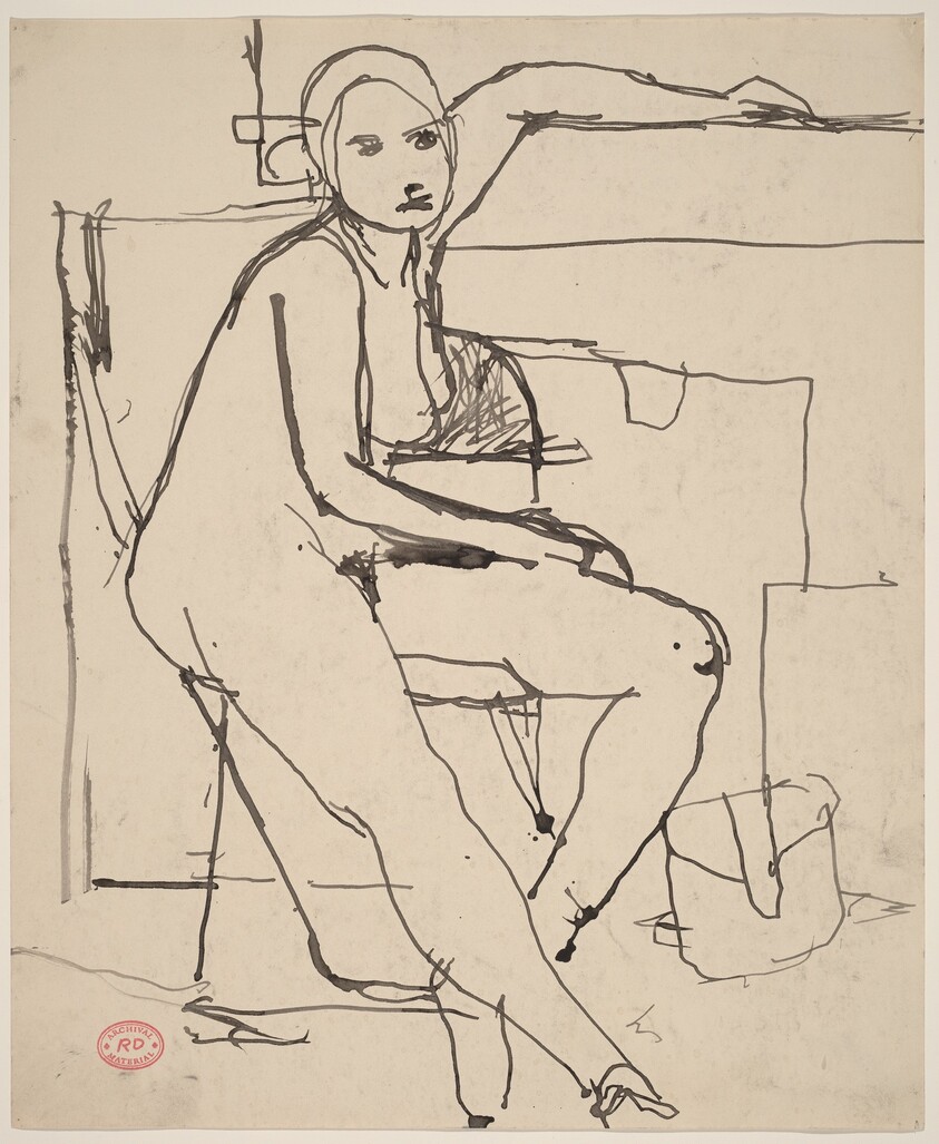 Untitled [seated nude placing her left arm along a high ledge]