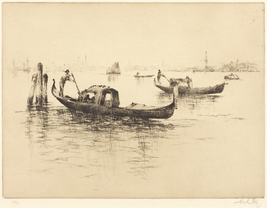 The image shows a tranquil body of water with three gondolas moving along it. The view is slightly elevated, offering a clear perspective of the scene. In the background, there are distant architectural silhouettes, indicating the presence of a city or large structures. The brushstrokes are fine and delicate, resembling etching or engraving techniques. The color palette is monochromatic, mostly sepia or soft beige tones. The gondolas are detailed, with reflections on the water's surface. In the distance, buildings are faintly visible against the soft horizon.