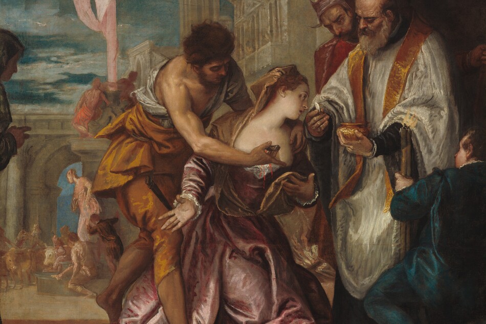A man stabs a woman, Saint Lucy, in the chest while another man, a priest, holds a gold cup and offers her a small white wafer in this horizontal painting. Two man flank the priest, and the group is in front of a town square. Saint Lucy has pale skin and the men have tanned skin. In the center, Saint Lucy faces us and kneels with her body angled to our right. She turns her head away from us and toward the communion wafer with hermouth slightly open. Her copper-red hair is pulled back under a golden-brown cloth, which falls over her shoulders. The bodice of her thistle-purple gown has been pulled down, and blood trickles from the dagger held there. Her long sleeves are lined at the cuffs with white ruffles, and her skirt puddles on the ground. The gown has a sheen, suggesting satin or silk. She holds one hand down by her side, palm facing us, and holds up the gold cloth by her chest with the other. The man with the dagger is to our left. He hunches over Saint Lucy, stepping onto his front foot from behind her shoulder. He has dark hair, and his face is in shadow. His white shirt and butterscotch-yellow clothing expose the muscular shoulder of the stabbing arm. His pants end at the shin, and his feet are bare. To our right, the priest is balding with a white beard. His face is lined as he looks down at Saint Lucy, his head tipped toward us. He wears a white robe with a gold stole. A man wearing celestial blue and holding a thick candle kneels facing away from us between us and the priest. Another man wearing red and plum purple looks at Saint Lucy from under dark, lowered brows on the far side of the priest. Across from this group, a sixth person edges into the scene from our left, so only their profile, a shoulder, and a hand are visible. Deep in shadows, they seem to look into the town square. That space is lined with tall stone buildings to our right and an arch on the far side. A few people and oxen gather around a woman wearing pink, who stands on a platform in the square. Two more people sit atop a platform above the woman, flanking an upward shooting pink stream, like a wide ribbon. Thin white and gray clouds veil the shadowy, marine-blue sky in the upper left quadrant.