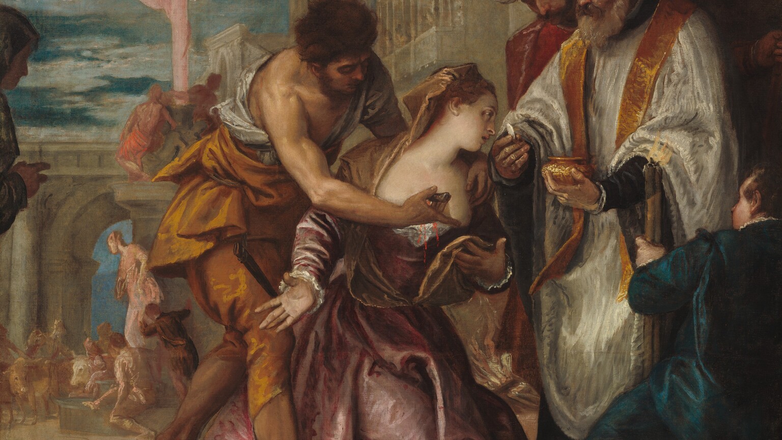 A man stabs a woman, Saint Lucy, in the chest while another man, a priest, holds a gold cup and offers her a small white wafer in this horizontal painting. Two man flank the priest, and the group is in front of a town square. Saint Lucy has pale skin and the men have tanned skin. In the center, Saint Lucy faces us and kneels with her body angled to our right. She turns her head away from us and toward the communion wafer with hermouth slightly open. Her copper-red hair is pulled back under a golden-brown cloth, which falls over her shoulders. The bodice of her thistle-purple gown has been pulled down, and blood trickles from the dagger held there. Her long sleeves are lined at the cuffs with white ruffles, and her skirt puddles on the ground. The gown has a sheen, suggesting satin or silk. She holds one hand down by her side, palm facing us, and holds up the gold cloth by her chest with the other. The man with the dagger is to our left. He hunches over Saint Lucy, stepping onto his front foot from behind her shoulder. He has dark hair, and his face is in shadow. His white shirt and butterscotch-yellow clothing expose the muscular shoulder of the stabbing arm. His pants end at the shin, and his feet are bare. To our right, the priest is balding with a white beard. His face is lined as he looks down at Saint Lucy, his head tipped toward us. He wears a white robe with a gold stole. A man wearing celestial blue and holding a thick candle kneels facing away from us between us and the priest. Another man wearing red and plum purple looks at Saint Lucy from under dark, lowered brows on the far side of the priest. Across from this group, a sixth person edges into the scene from our left, so only their profile, a shoulder, and a hand are visible. Deep in shadows, they seem to look into the town square. That space is lined with tall stone buildings to our right and an arch on the far side. A few people and oxen gather around a woman wearing pink, who stands on a platform in the square. Two more people sit atop a platform above the woman, flanking an upward shooting pink stream, like a wide ribbon. Thin white and gray clouds veil the shadowy, marine-blue sky in the upper left quadrant.