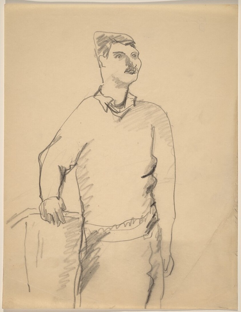 Man Standing, Looking to the Right, Hand on Chair