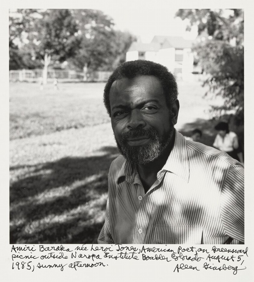 Amiri Baraka née Leroi Jones, American Poet, on Greensward picnic outside Naropa Institute Boulder Colorado August 5, 1985, sunny afternoon.
