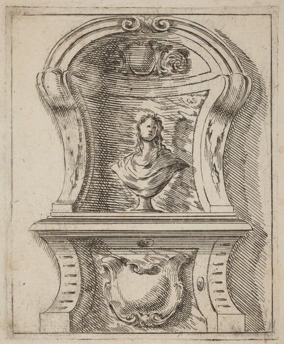 The image shows a bust sculpture of a human figure within an ornate niche. The bust features a figure with long hair, draped in a garment covering the shoulders, depicted in a monochrome engraving style. The niche surrounding the bust is decorated with carved patterns, including scroll-like motifs at the top and curved lines framing the figure. The presentation gives the sculpture a classical appearance and a sense of importance or reverence. Detailed hatching in the engraving adds depth and shading, enhancing the three-dimensionality of the sculpture and its niche.