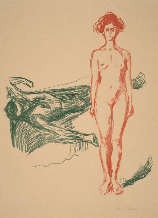 The image shows a full-length depiction of a human figure drawn in red, standing upright with feet close together and arms hanging by their sides. The figure's facial features are minimally detailed, with a simplistic representation of the face and short hair. The figure is drawn without clothing. Beside the standing figure, there is a darker, green-toned sketch of another figure in a horizontal position, with arms and legs stretched out. This secondary figure is more abstract, with less distinction in features. The background is a plain, light beige.
