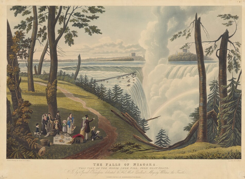 The image shows a waterfall scene, likely Niagara Falls, from an elevated viewpoint on Goat Island. People are gathered on grass near trees, with picnic items on a cloth nearby. The sky meets distant land on the horizon, partially obscured by clouds. The falls are on the right, with water falling into mist, with a faint rainbow. The brushwork is detailed, capturing textures in foliage and water realistically. The color palette includes greens, browns, blues, and grays, enhancing the waterfall's presence.