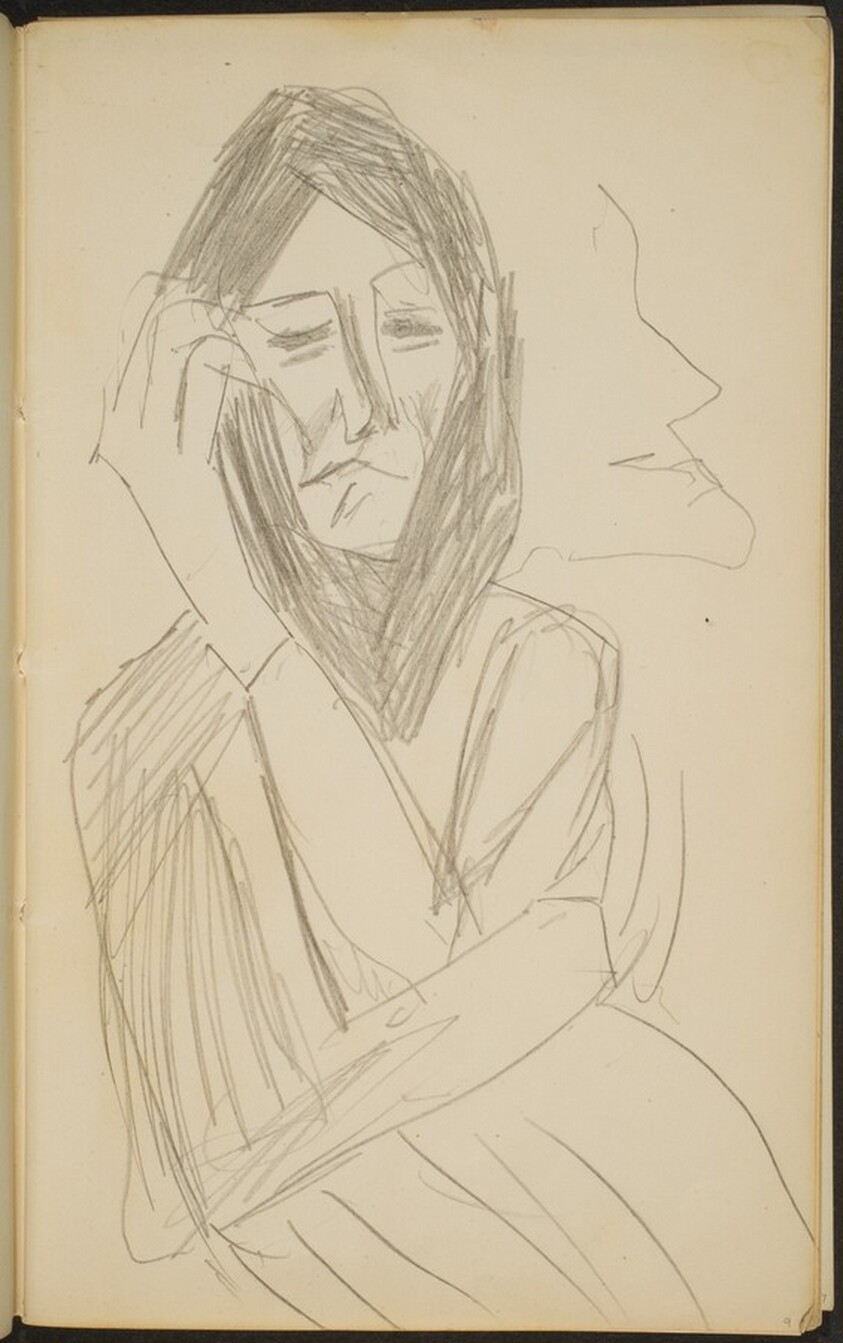 weibliche Figur mit Kopftuch und Profil im Hintergrund (Forlorn Figure with Headscarf and Profile) [p. 9]