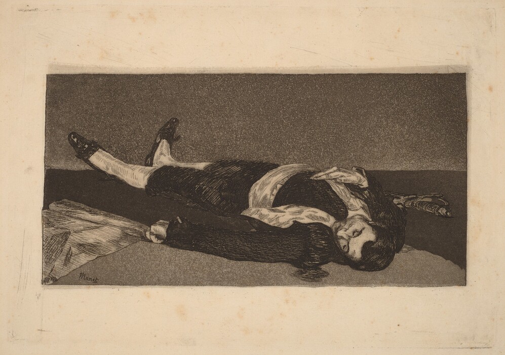 The image shows a person lying down on their back with closed eyes and dark hair. They are wearing dark clothing and holding a long, thin object in one hand. The background is a simple, monochromatic surface. The artwork is signed "Manet" in the lower left corner.