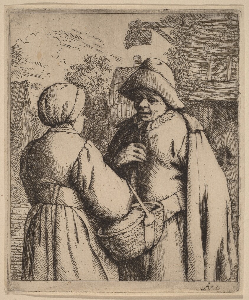 Man and Woman Conversing in Front of an Inn
