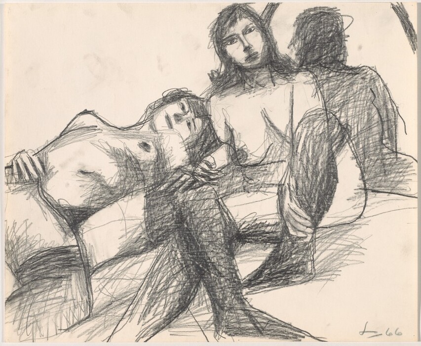 The image shows two figures with visible upper bodies. The person on the left is reclining, with their head resting back and their upper body angled slightly upward. They have short dark hair and minimal facial features. The person on the right sits upright, with long dark hair framing their face and defined facial features. Both figures are nude. In the background, there is a suggestion of a shadow or reflection to the right. The overall background is plain.
