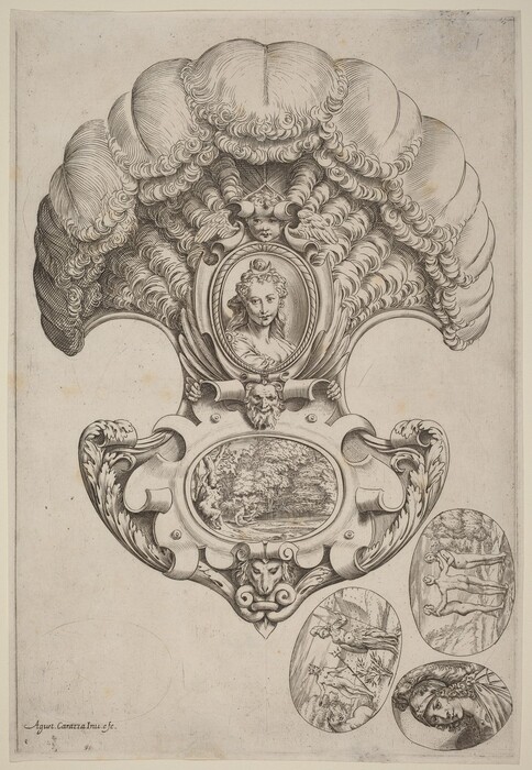 The image shows an intricate decorative design with several medallion-like illustrations, acanthus leaves, a sculpted portrait of a woman's face, shell-like ornamentation, foliage designs, a pastoral landscape, a body of water, framing elements, classical figures, and ornate borders. The composition is highly detailed with rich textures, blending nature, human portraiture, and ornamental scrollwork in a Baroque style.