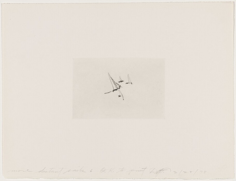 The image shows sailboats on the water. The horizon line is implied by the placement and alignment of the boats. The artwork features minimalist and delicate brushstrokes, capturing the essence of the boats with minimal detail. The color palette is monochromatic with varying shades of gray on a white background. The boats are positioned in the lower center of the artwork, with some in the distance.