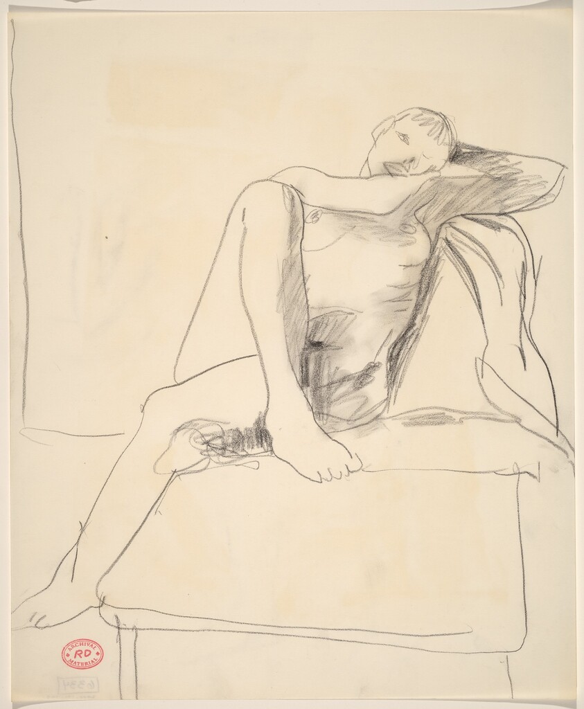 Untitled [female nude seated cross-legged on a stand]
