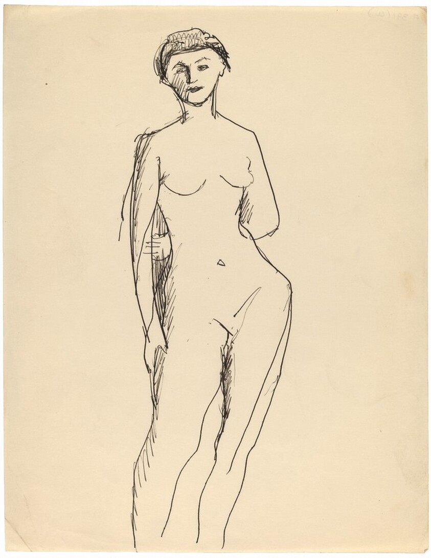 Frontal Nude Standing with Left Arm behind Back