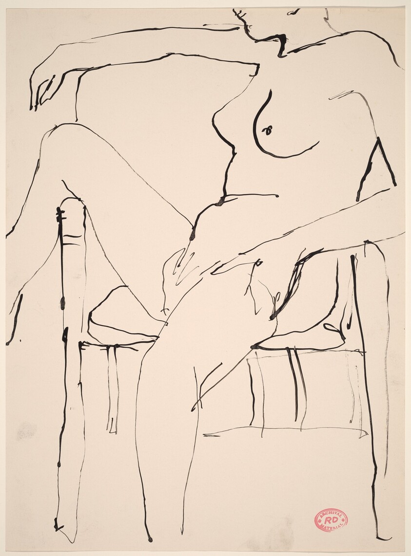 Untitled [seated nude draping her right leg over a chair arm]